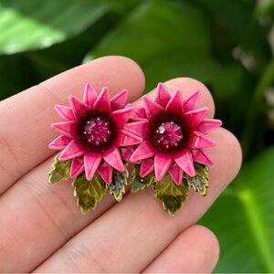 Vintage Estate Coro Floral Clip-On Earrings Floral Crystal Enamel Signed